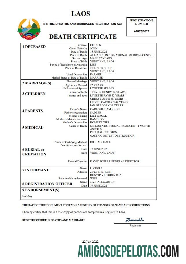 Imprimível modelo Word e PDF de certidão de óbito de registro vital do Laos